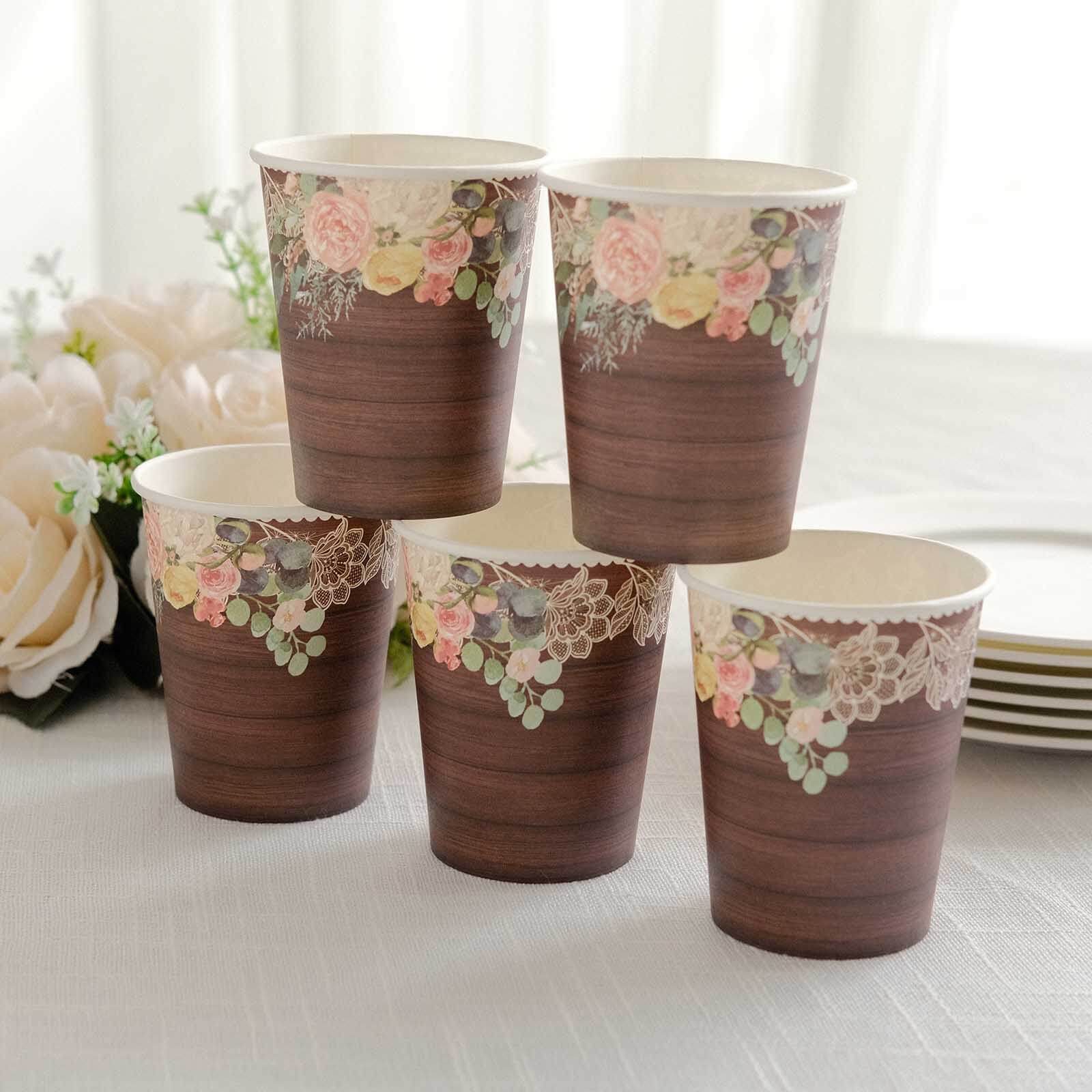 24-Pack Paper Cups 9oz Brown Wood Print with Floral Lace Rim - Rustic Disposable Party Cups for Farmhouse Events & Country Gatherings