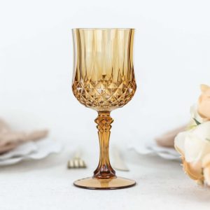 6-Pack Transparent Plastic Crystal Cut Wine Glasses 8oz, Amber Gold - Shatterproof Cocktail Goblets
